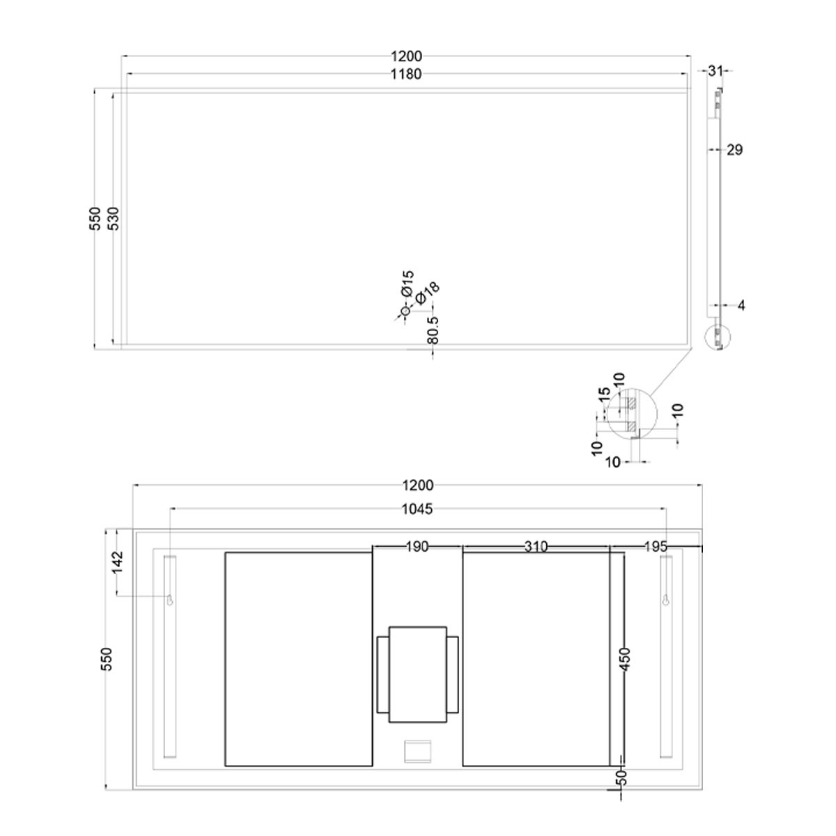 Rione Rectangular Black Backlit LED Mirror 1200x550mm