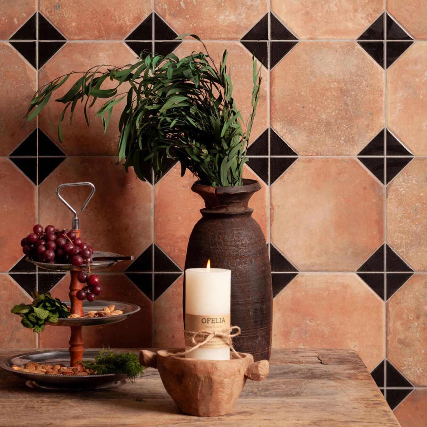 Natura Matt Porcelain Black Patterned Terracotta Tile 452x452mm