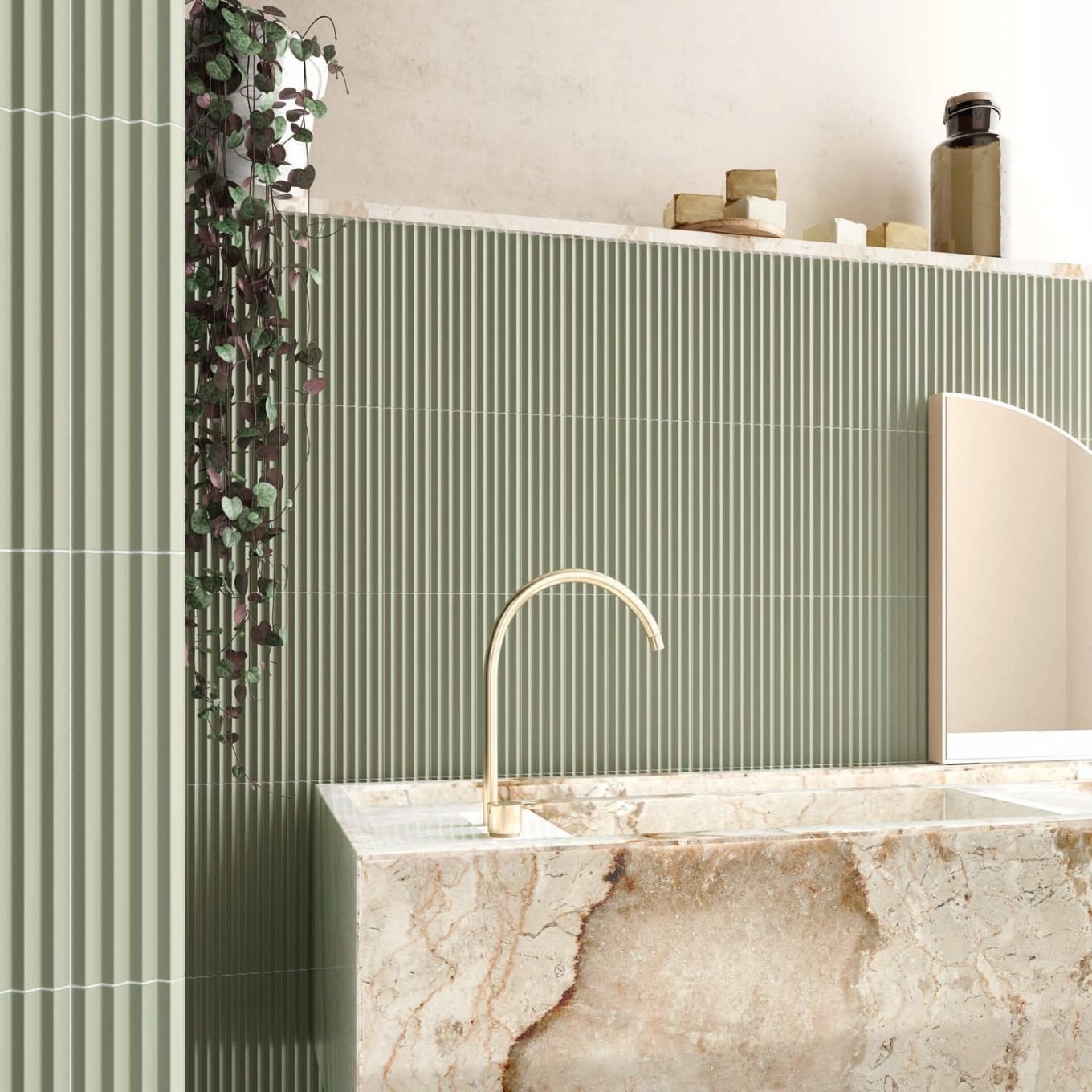 Accordion Ribbed Tansy Green Matt Ceramic Brick Tile 200x50mm