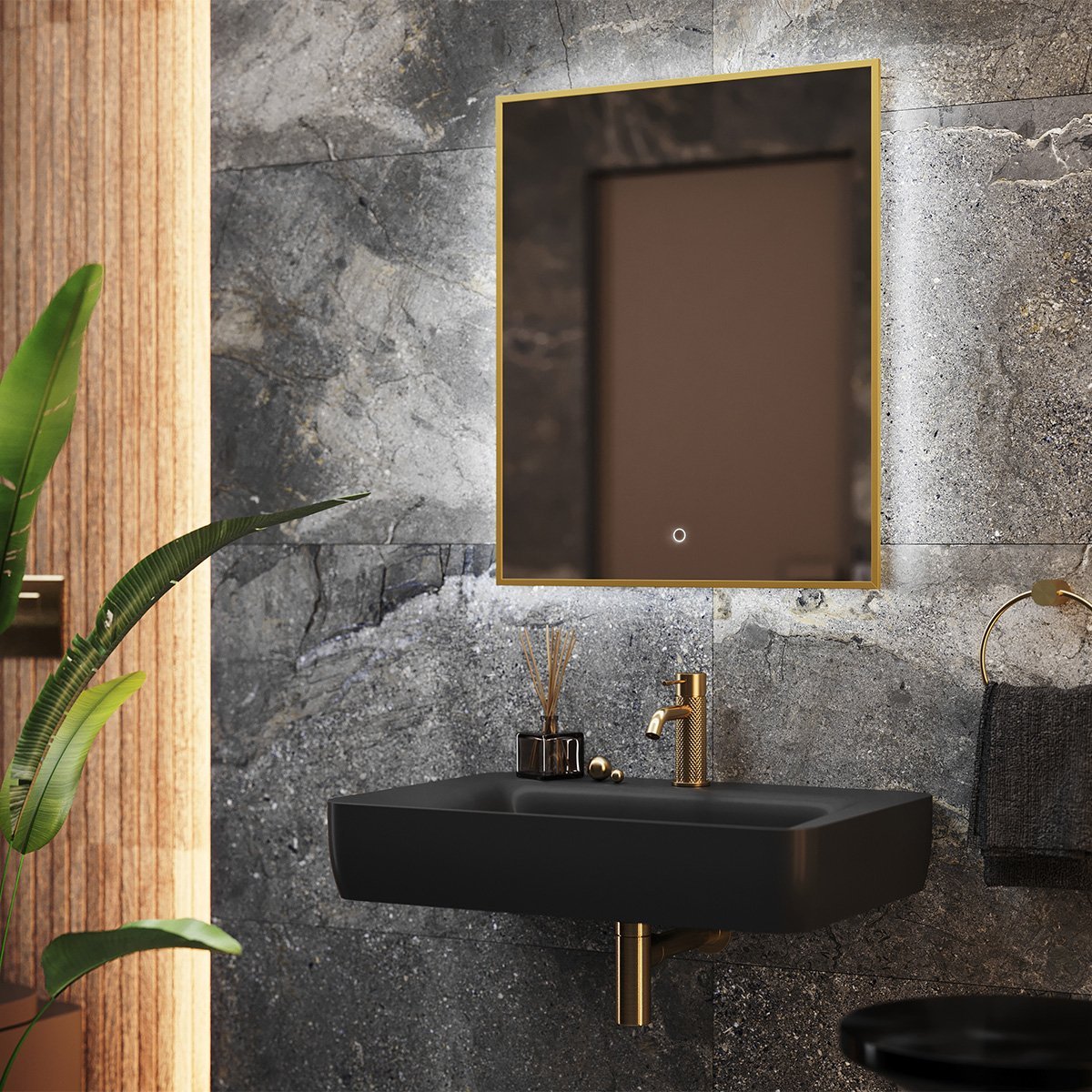 Rione Rectangular Gold Backlit LED Mirror 600x725mm