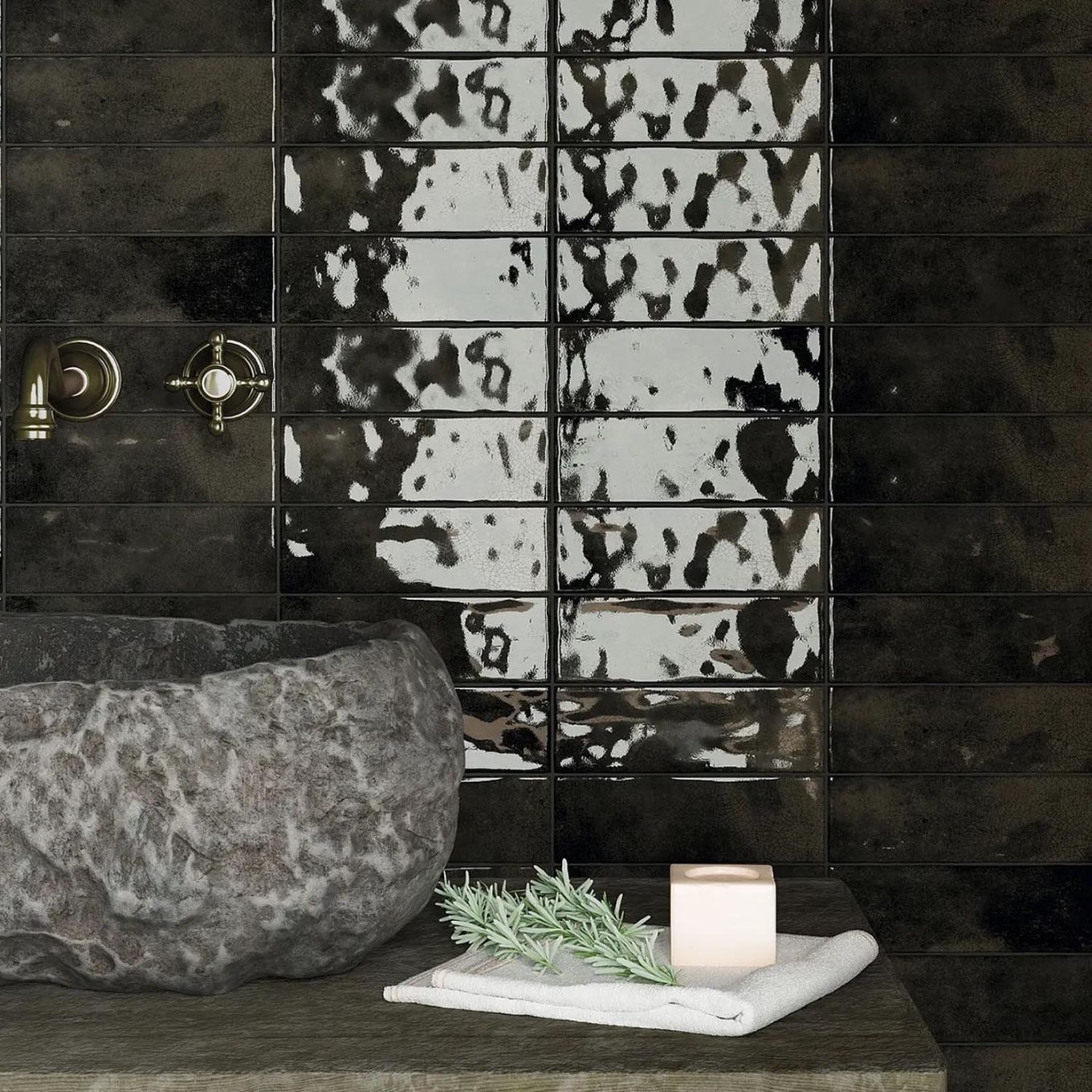 Borneo Noir Crackle Gloss Brick Tile 65x200mm