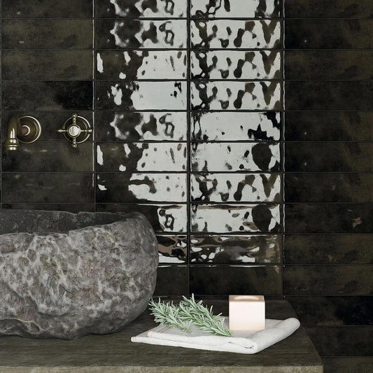 Borneo Noir Crackle Gloss Brick Tile 65x200mm