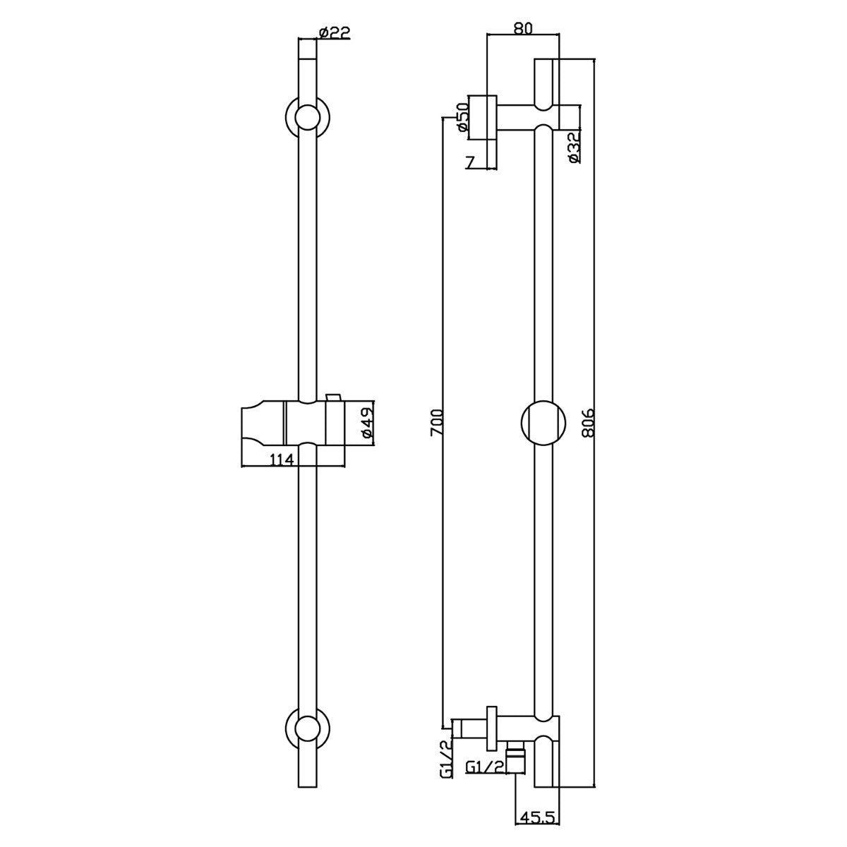 Zena Matt Black Round Shower Slide Rail Kit