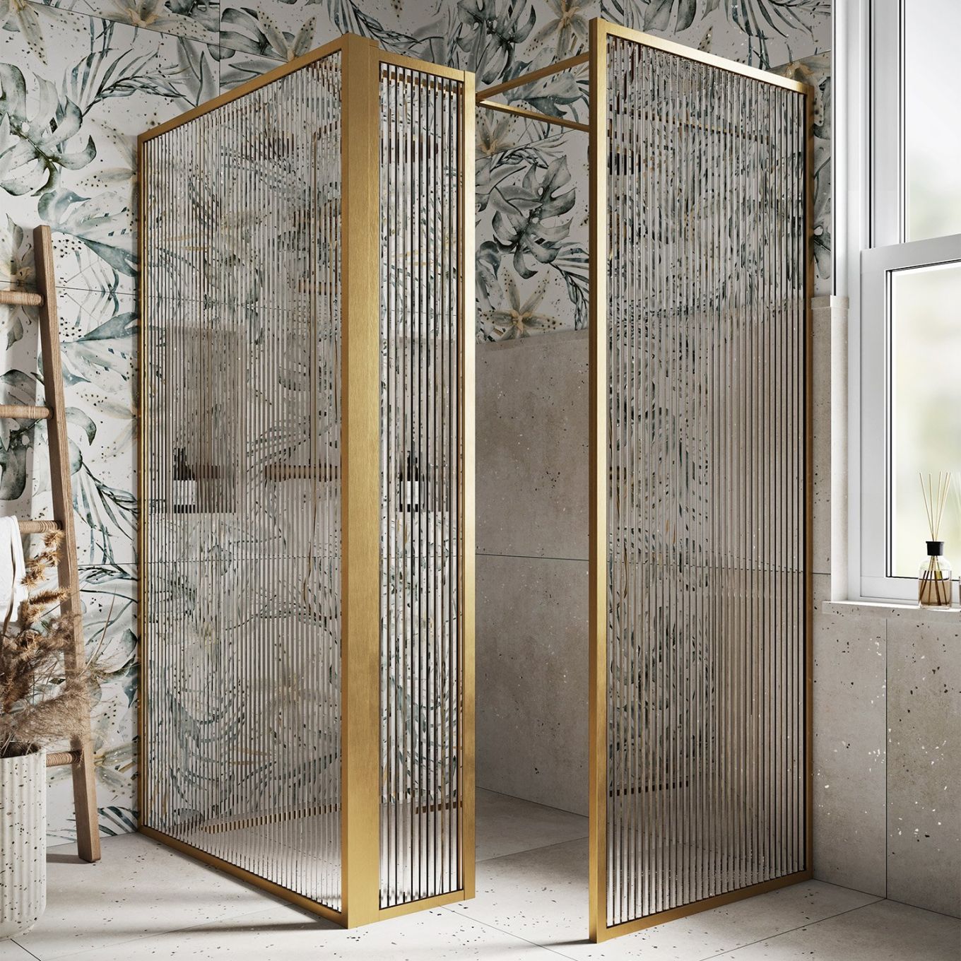 Amien Brushed Gold Ribbed Glass Single Frame Return Panel 300mm