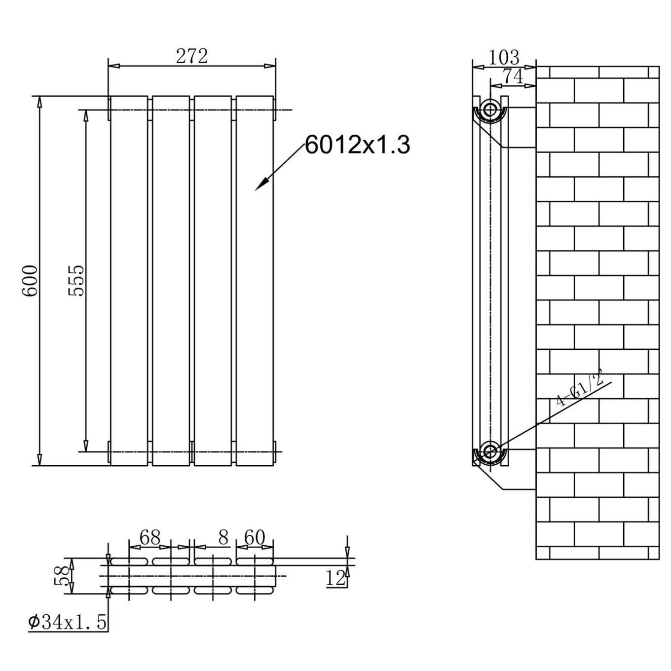 Perth White Double Vertical Flat Panel Radiator 600x272mm