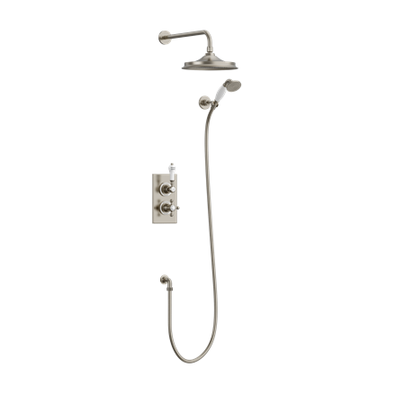 Trent Thermostatic Dual Outlet Concealed Divertor Shower Valve , Fixed Shower Arm, Handset & Holder with Hose with Rose