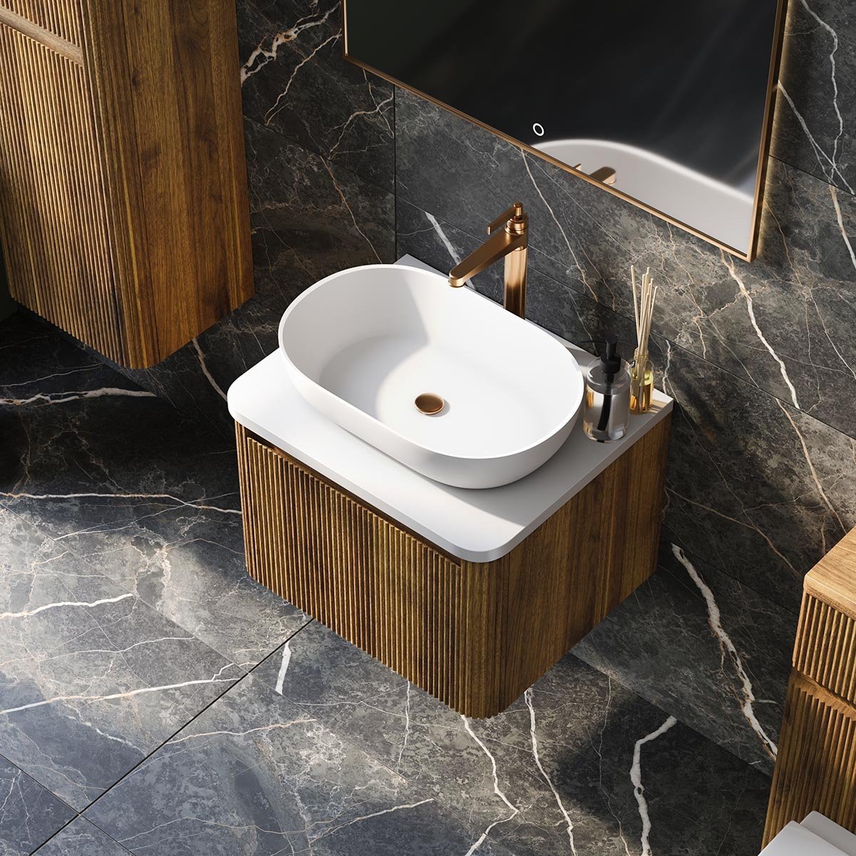 Wish Ribbed Wall Hung Vanity Unit in Walnut with White Worktop