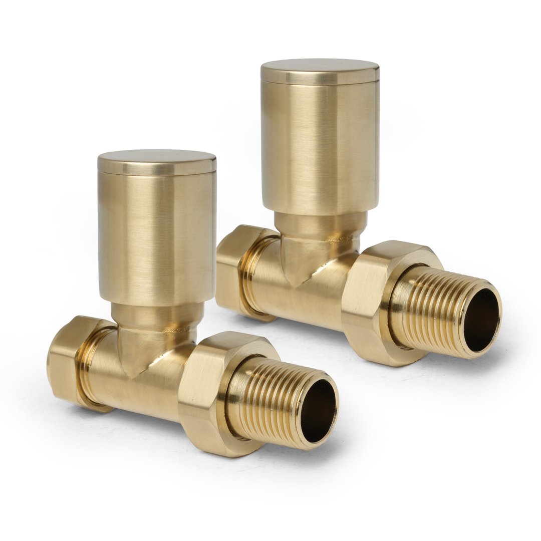 Round Brushed Gold Straight Pair of Radiator Valves