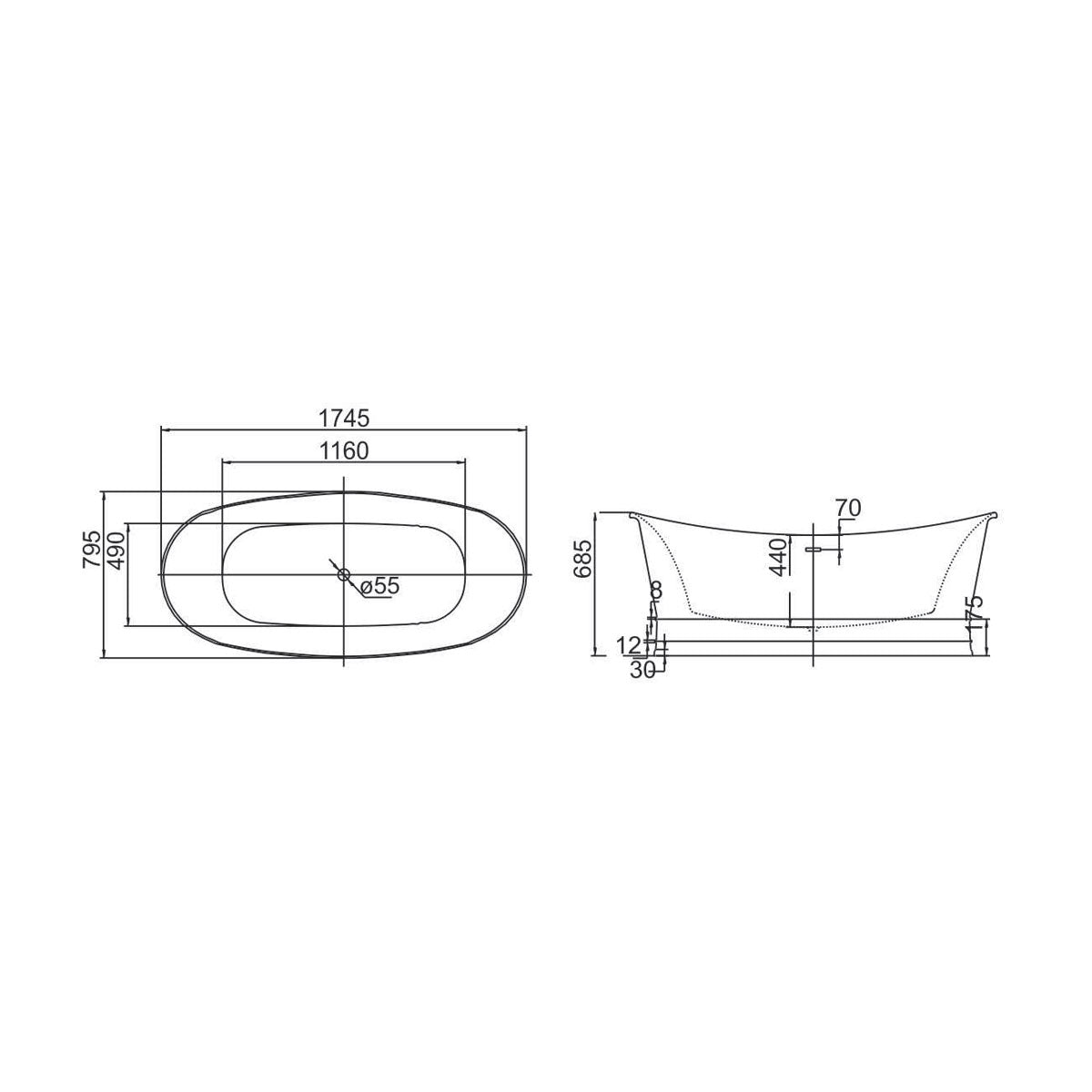 Charlotte White Freestanding Acrylic Bath 1745x795mm