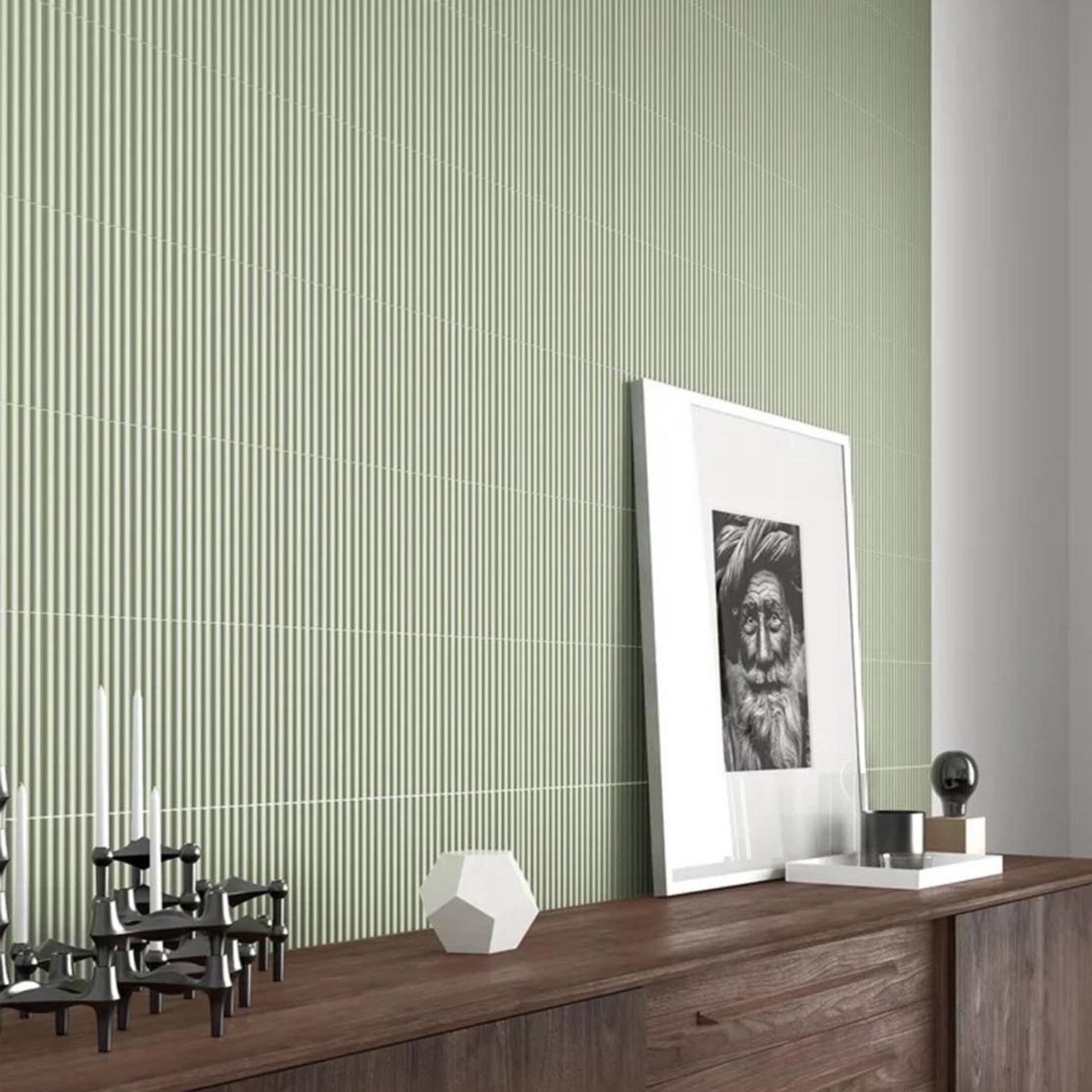Accordion Ribbed Tansy Green Matt Ceramic Brick Tile 200x50mm