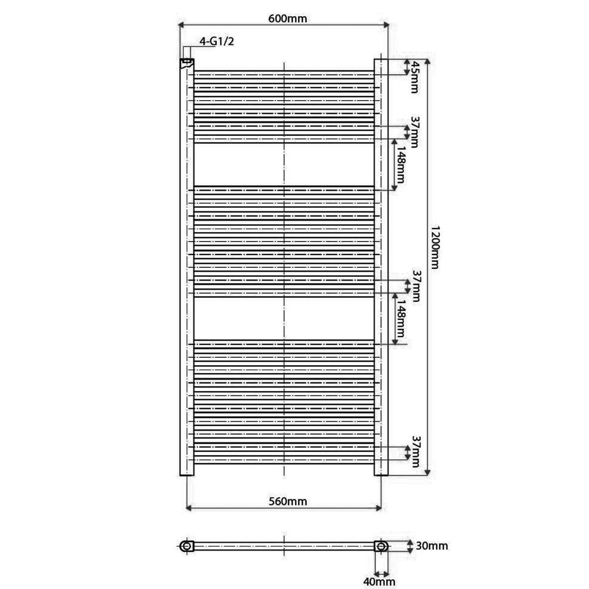 Neptune Matt Black Heated Towel Rail 1200x600mm