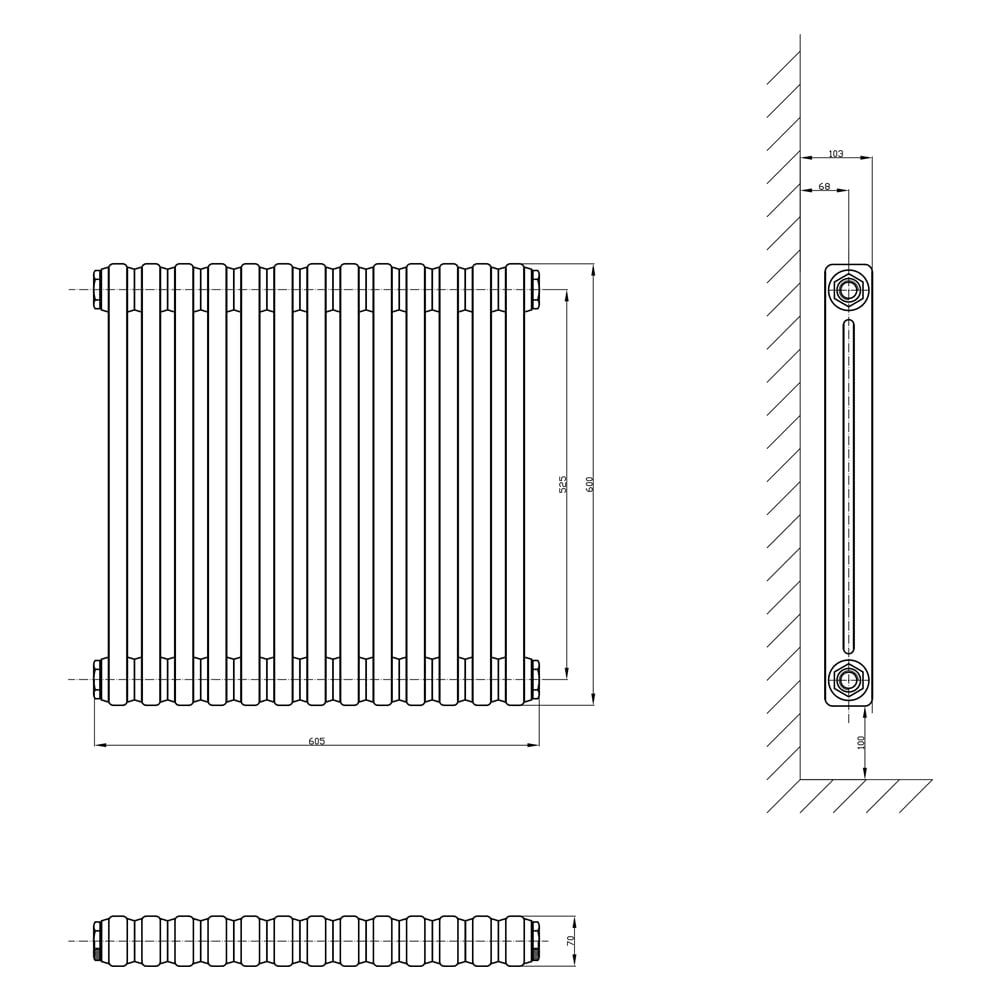 Upton White Triple Horizontal Column Radiator 600x605mm