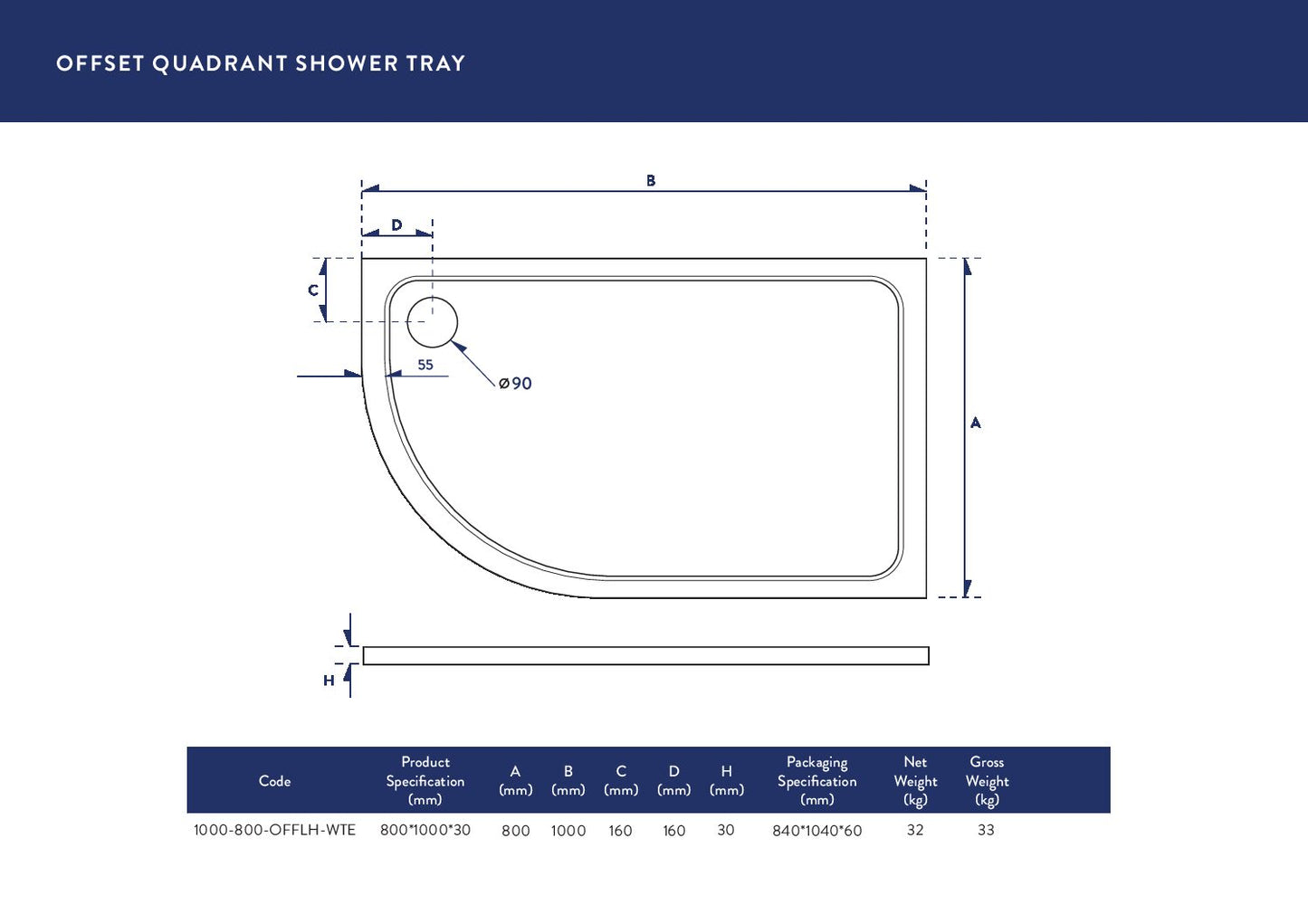 Eco-Stone Offset Quad Shower Tray LH 1000 X 800