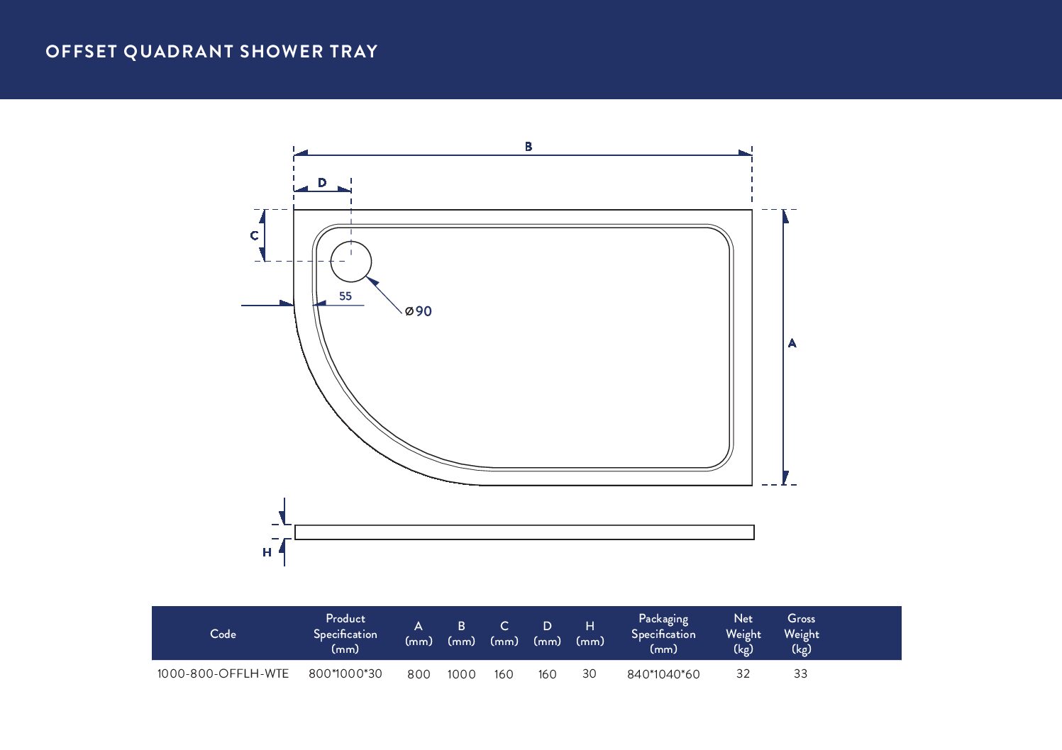 Eco-Stone Offset Quad Shower Tray LH 1000 X 800