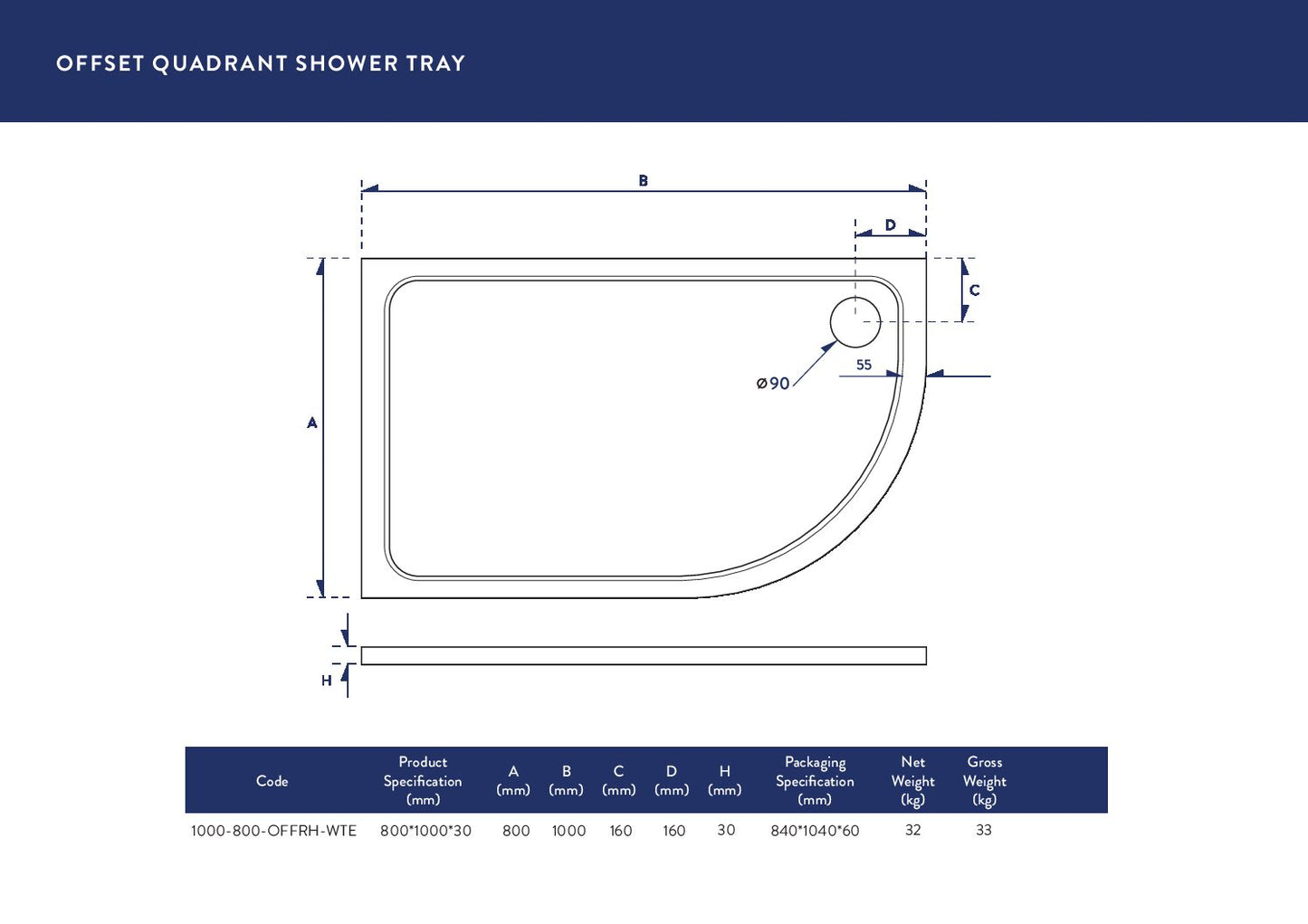 Eco-Stone Offset Quad Shower Tray RH 1000 X 800