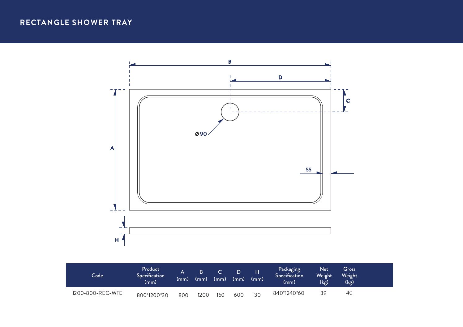 Eco-Stone Rectangular Shower Tray 1200 X 800