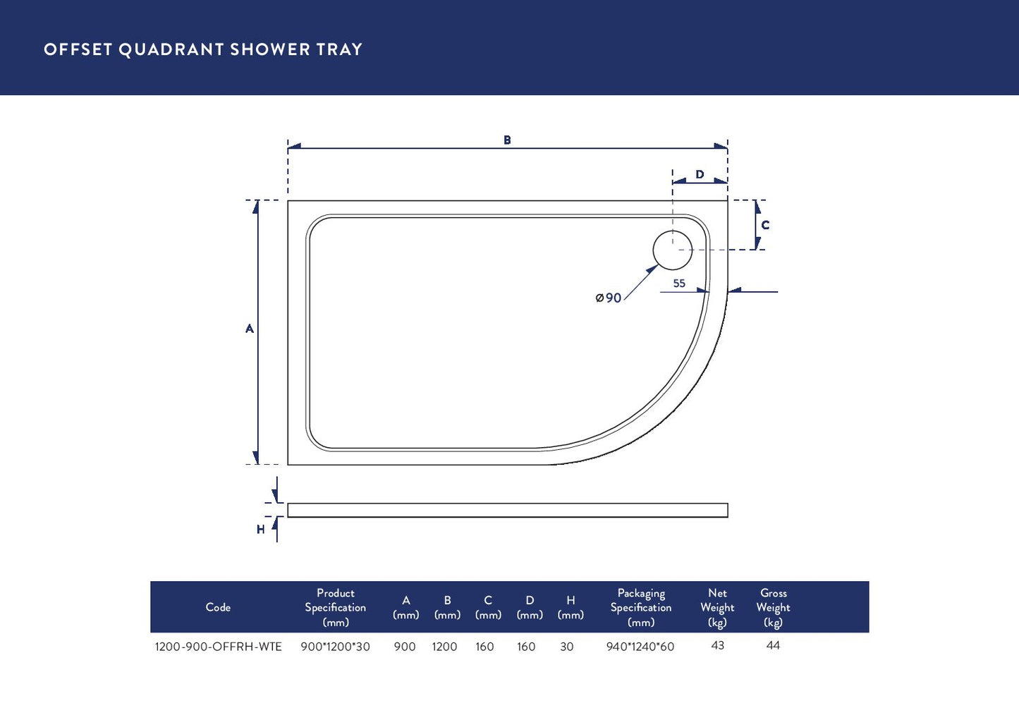 Eco-Stone Offset Quad Shower Tray Rh 1200 X 900