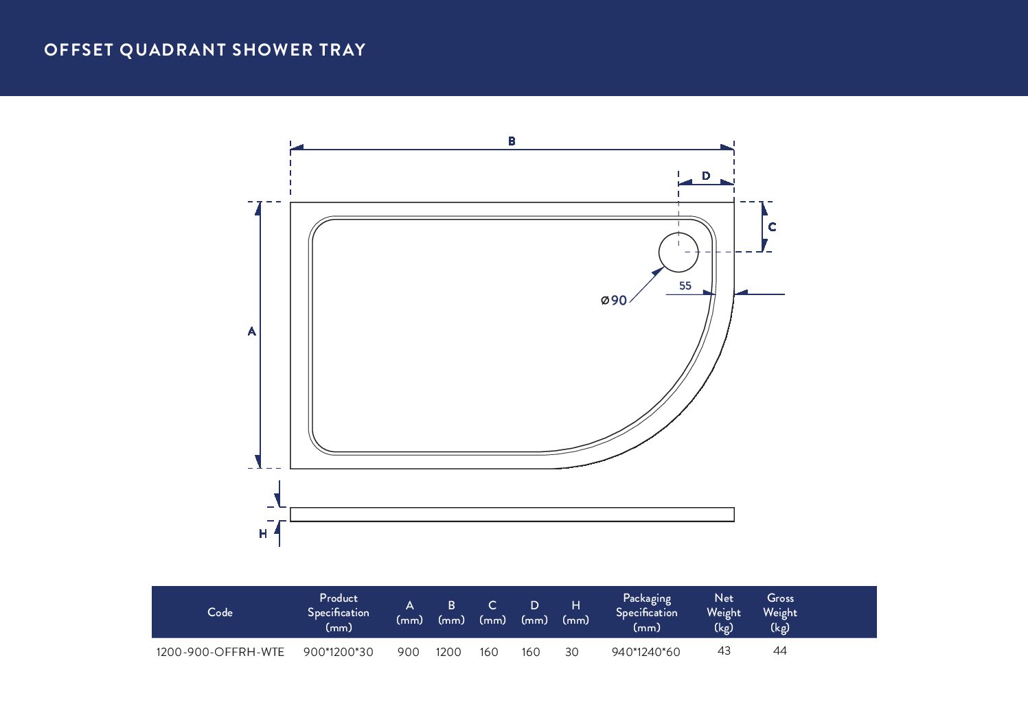 Eco-Stone Offset Quad Shower Tray Rh 1200 X 900