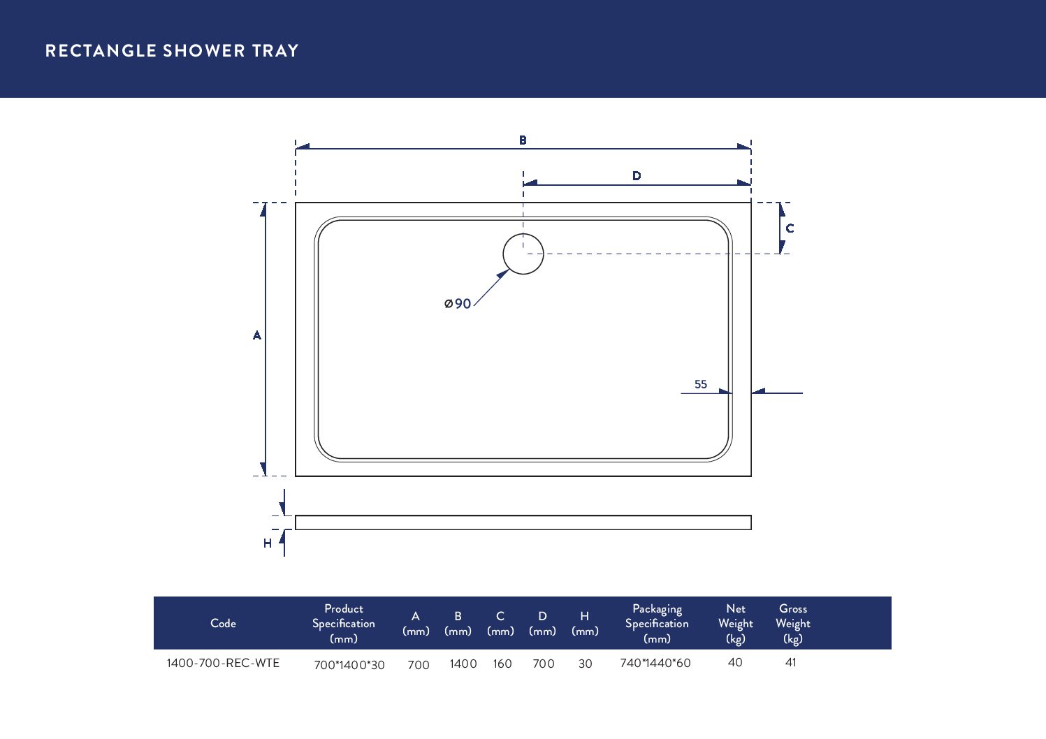 Eco-Stone Rectangular Shower Tray 1400 X 700