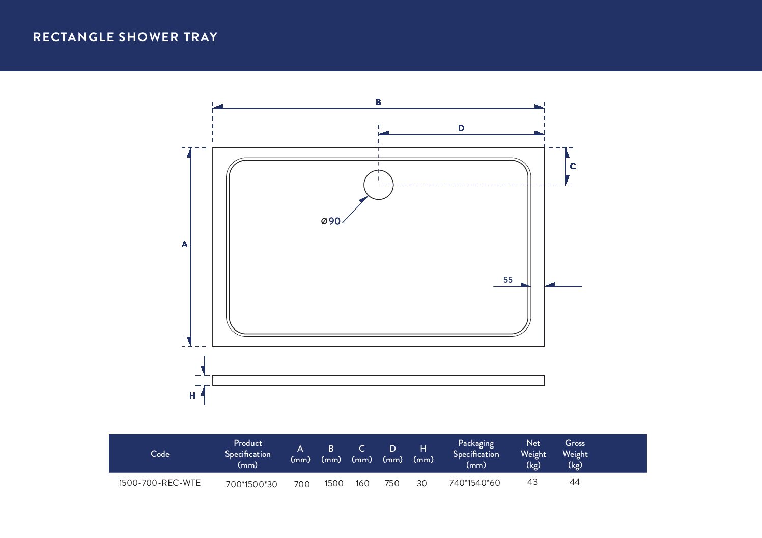 Eco-Stone Rectangular Shower Tray 1500 X 700