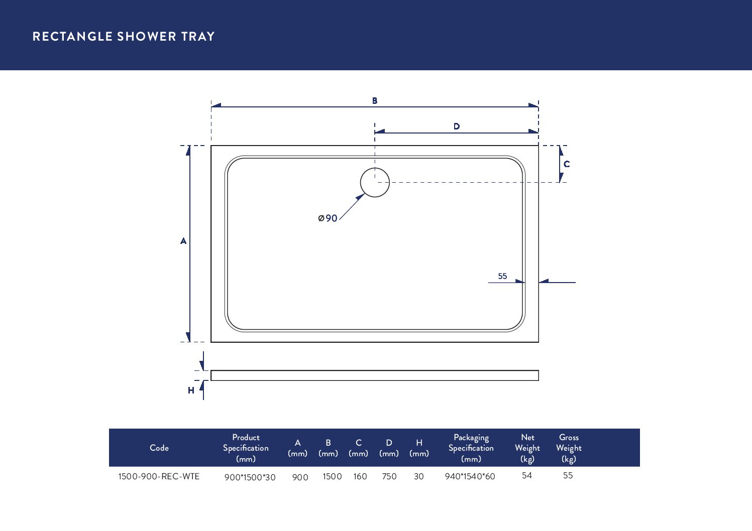 Eco-Stone Rectangular Shower Tray 1500 X 900