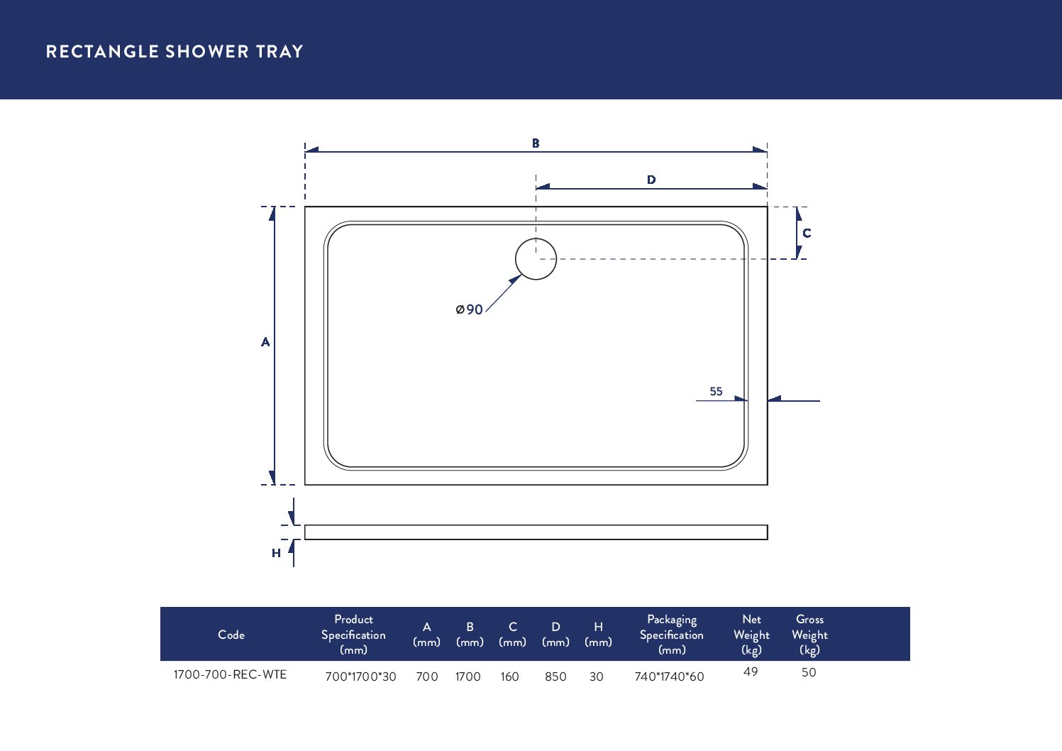Eco-Stone Rectangular Shower Tray 1700 X 700
