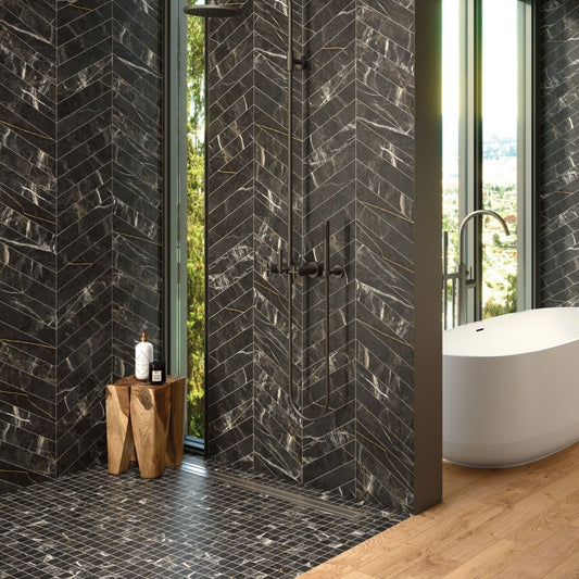 Salerno Black Matt Marble Chevron Tile 80x400mm