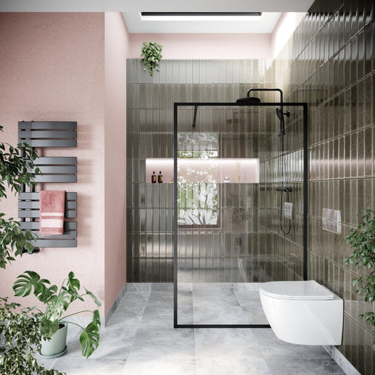 Amien Matt Black Framed Clear Glass Shower Screen 1080mm