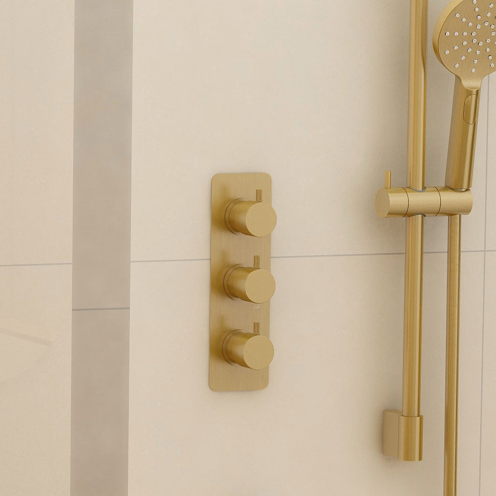 Ravine Brushed Brass Three Handle, Two Outlet, Concealed Thermostatic Shower