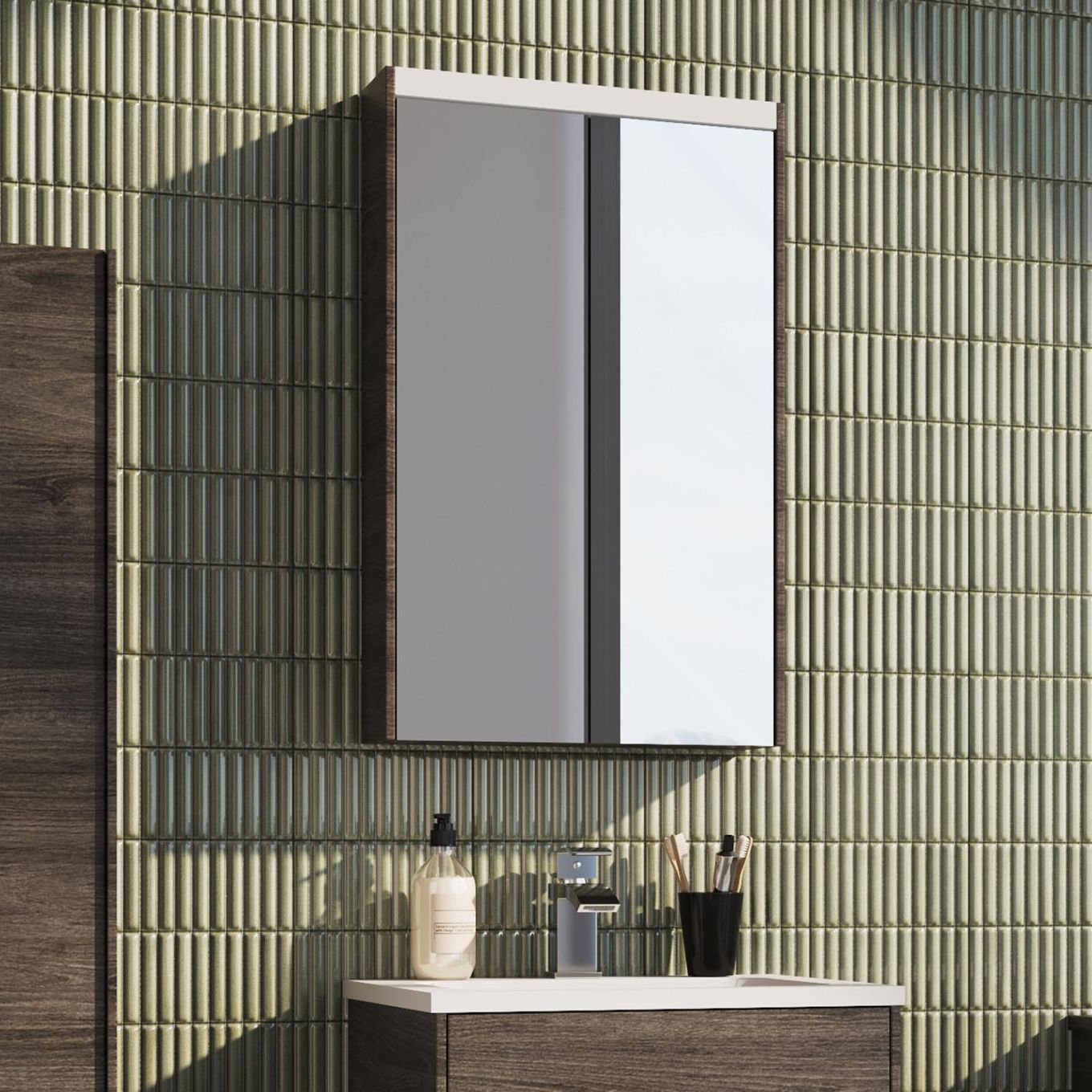 Bolero Grey Linear LED Mirrored Wall Cabinet Single Door 450mm