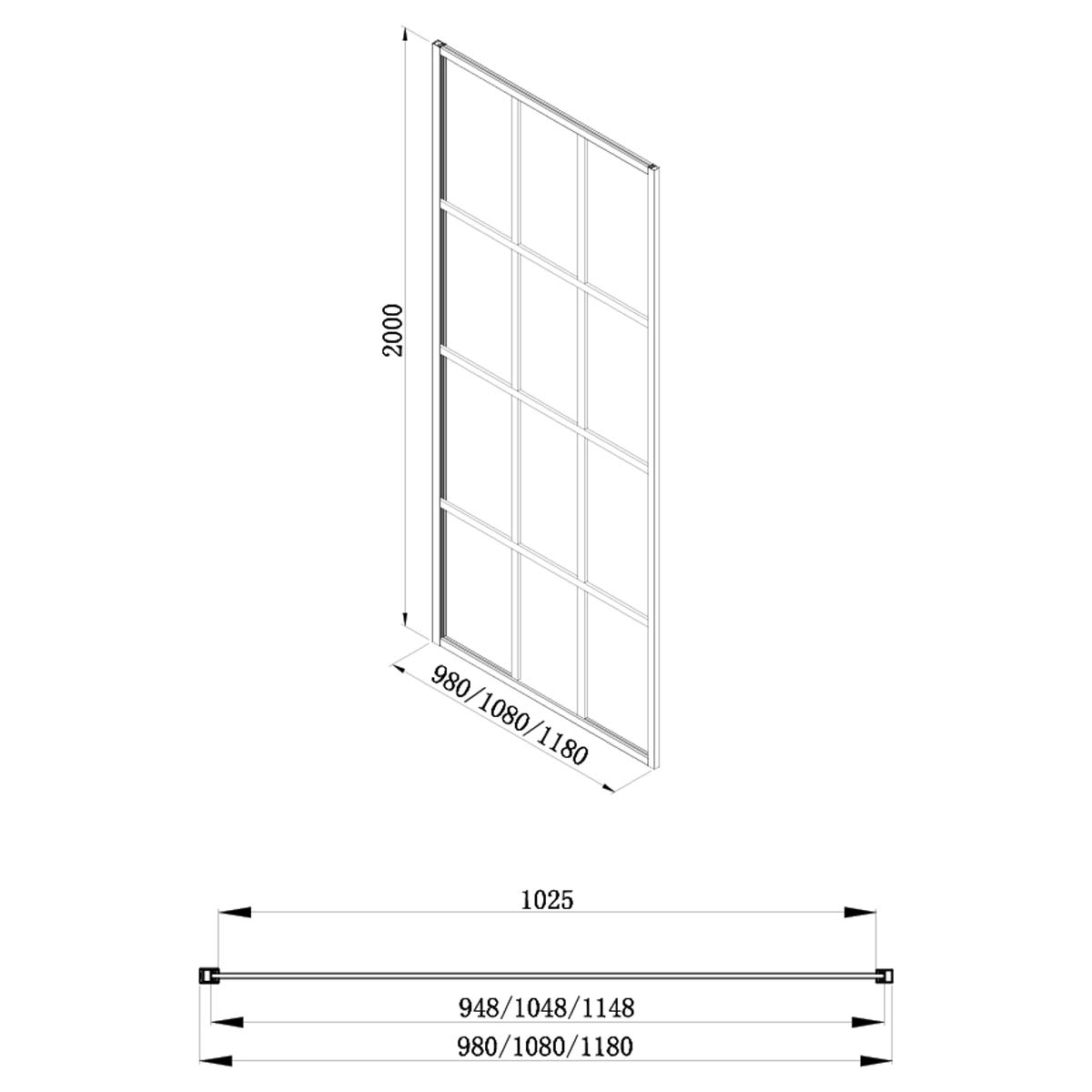 Amien Matt Black Grid Framed Shower Screen 1080mm