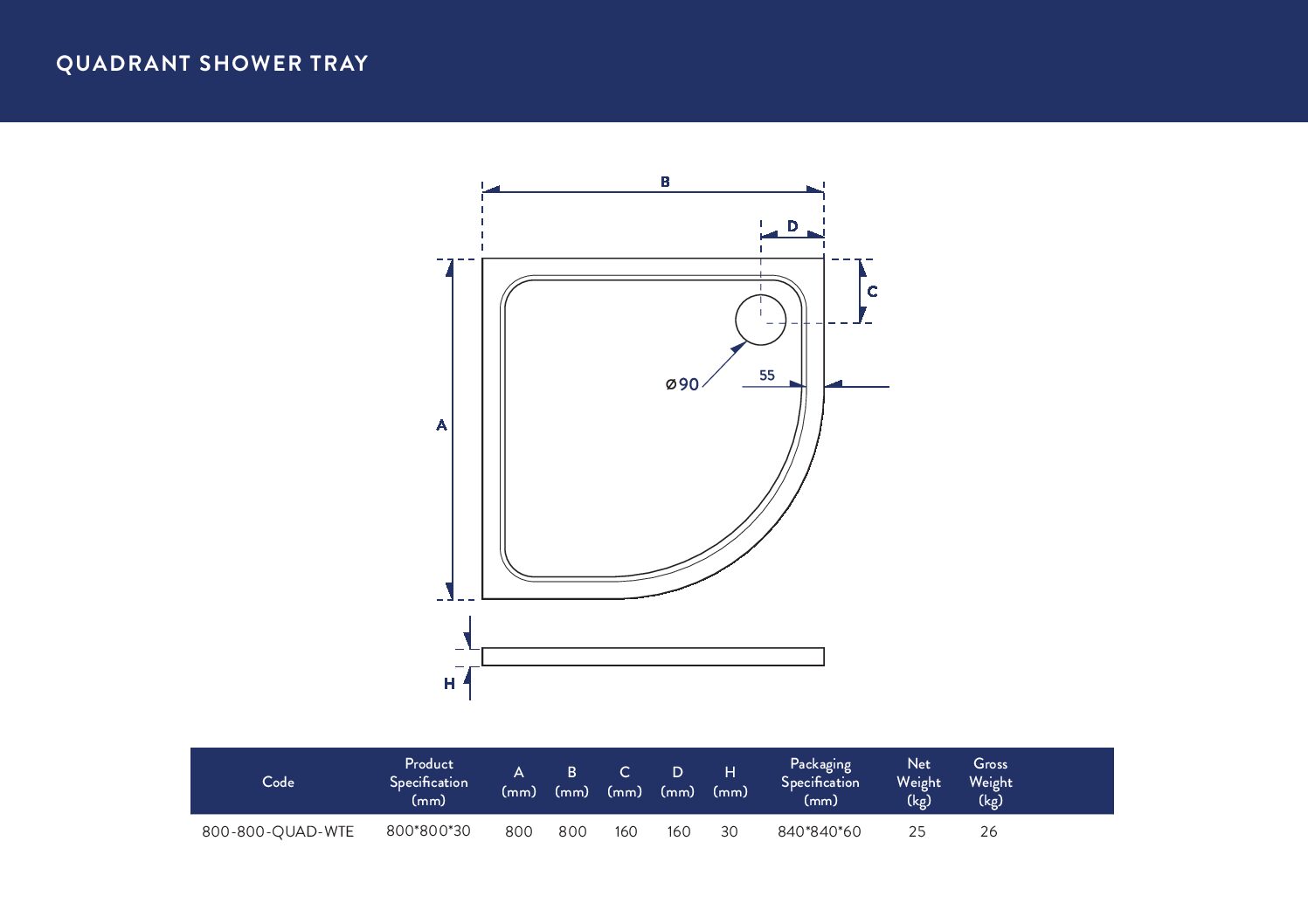 Eco-Stone Quadrant Shower Tray 800 X 800