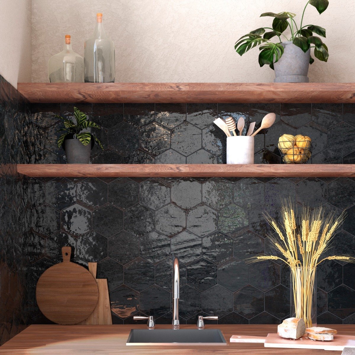 Bergamo Black Porcelain Hexagon Tile 150x130mm