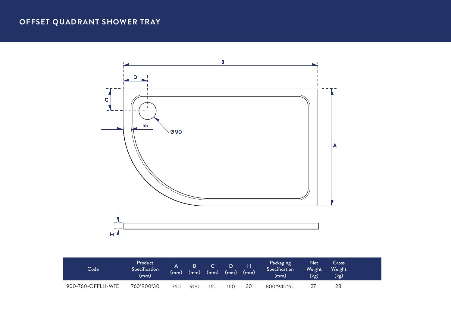 Eco-Stone Offset Quad Shower Tray LH 900 X 760