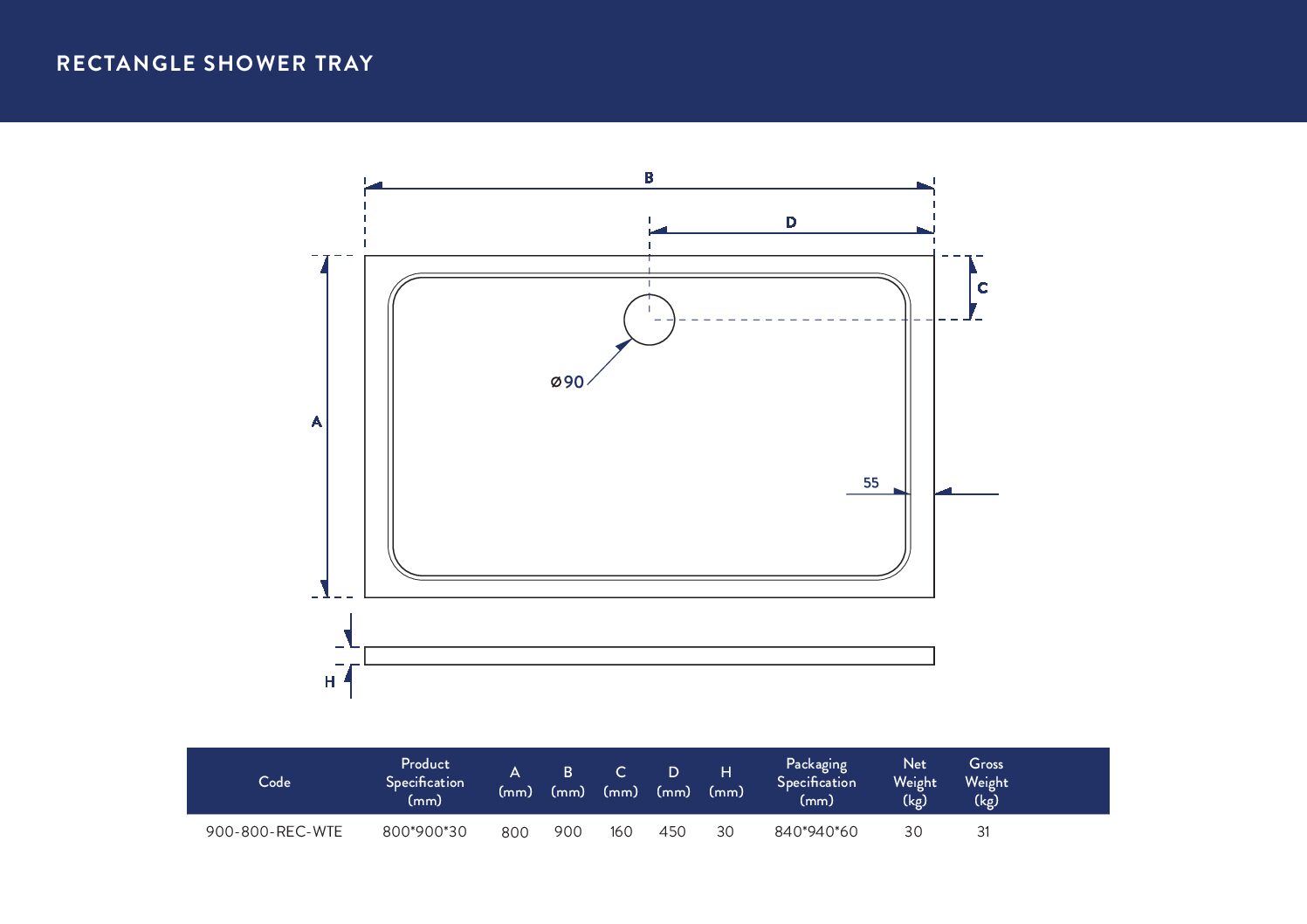 Eco-Stone Rectangular Shower Tray 900 X 800