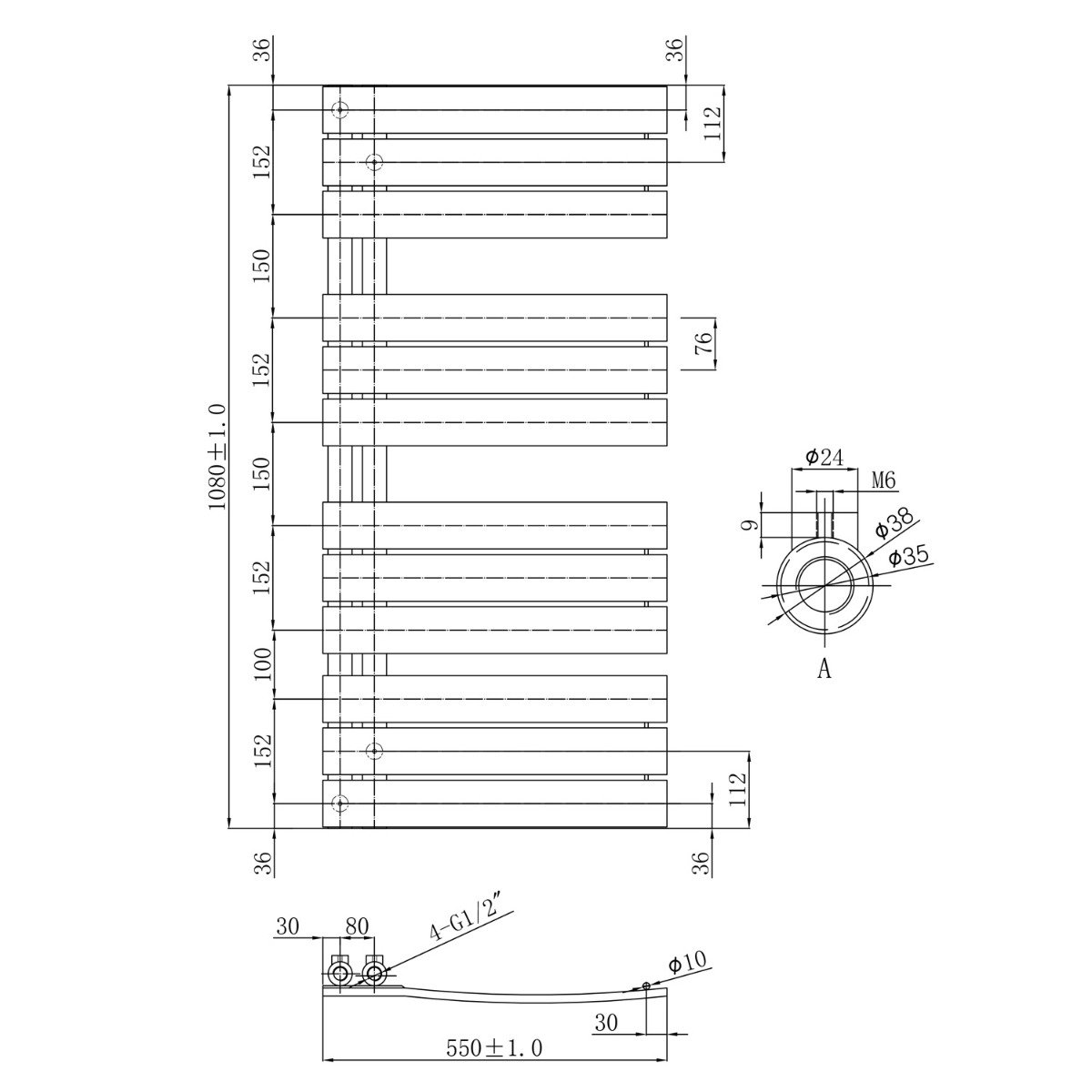 Tarvos Chrome Heated Towel Rail 1080x550mm