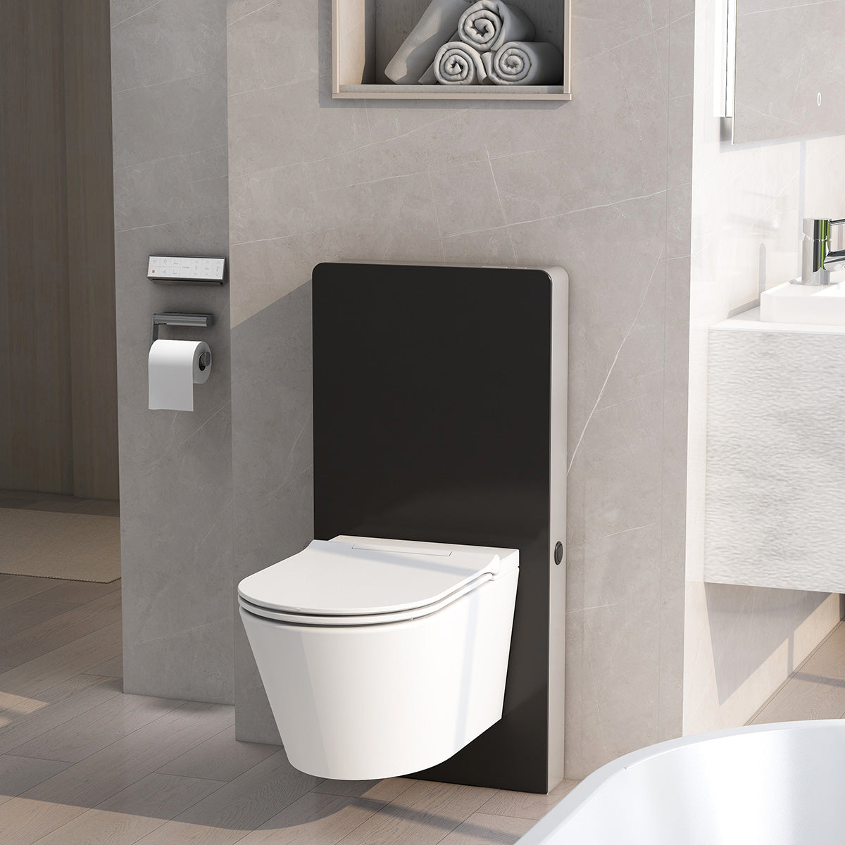 Senso Smart Touch Free Wave Flush Wall Hung Cistern Frame with Black Glass Finish