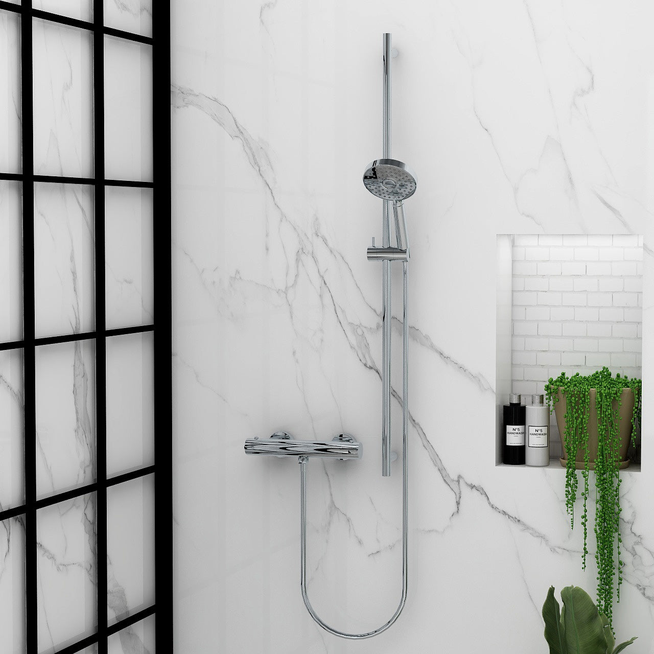 Arco single outlet bar valve with Levo extended rail kit, smooth PVC hose and 3 spray Essence shower head