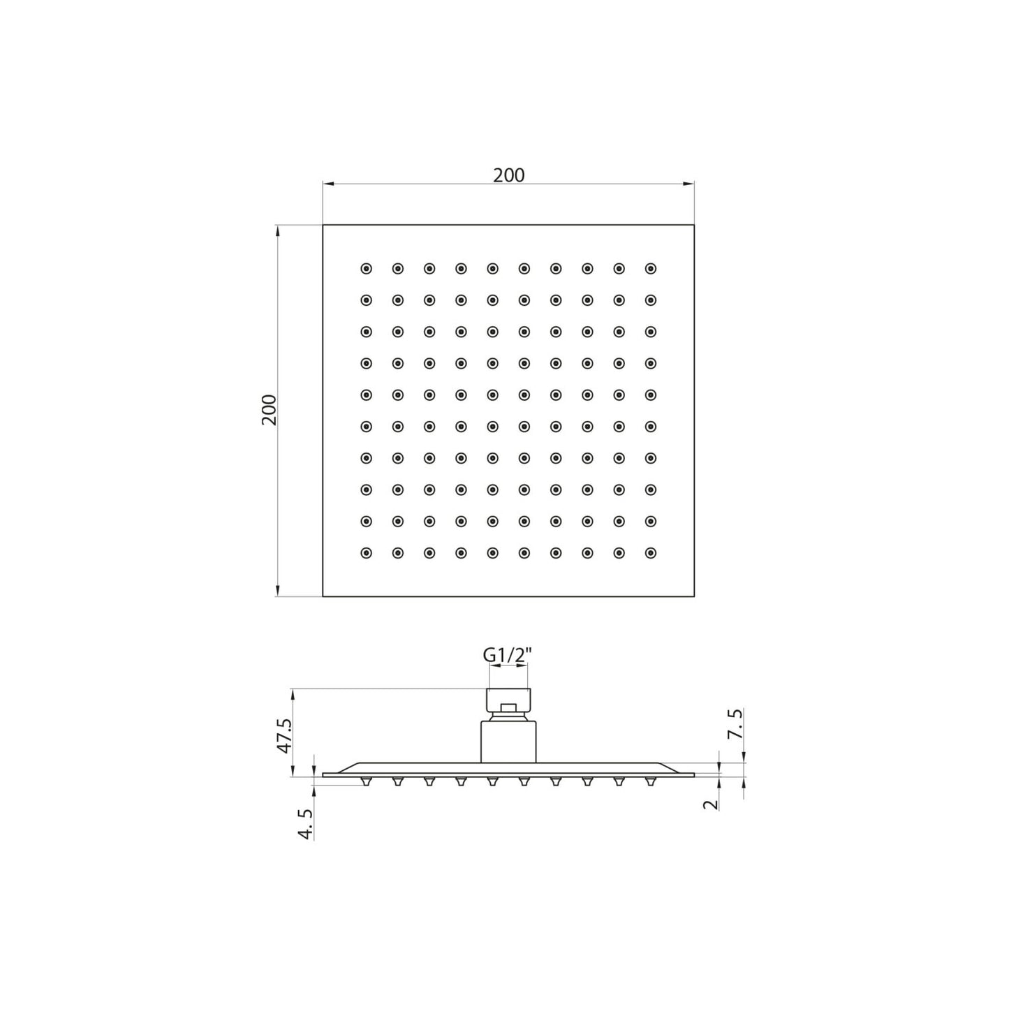 Black Square Shower Head 200mm
