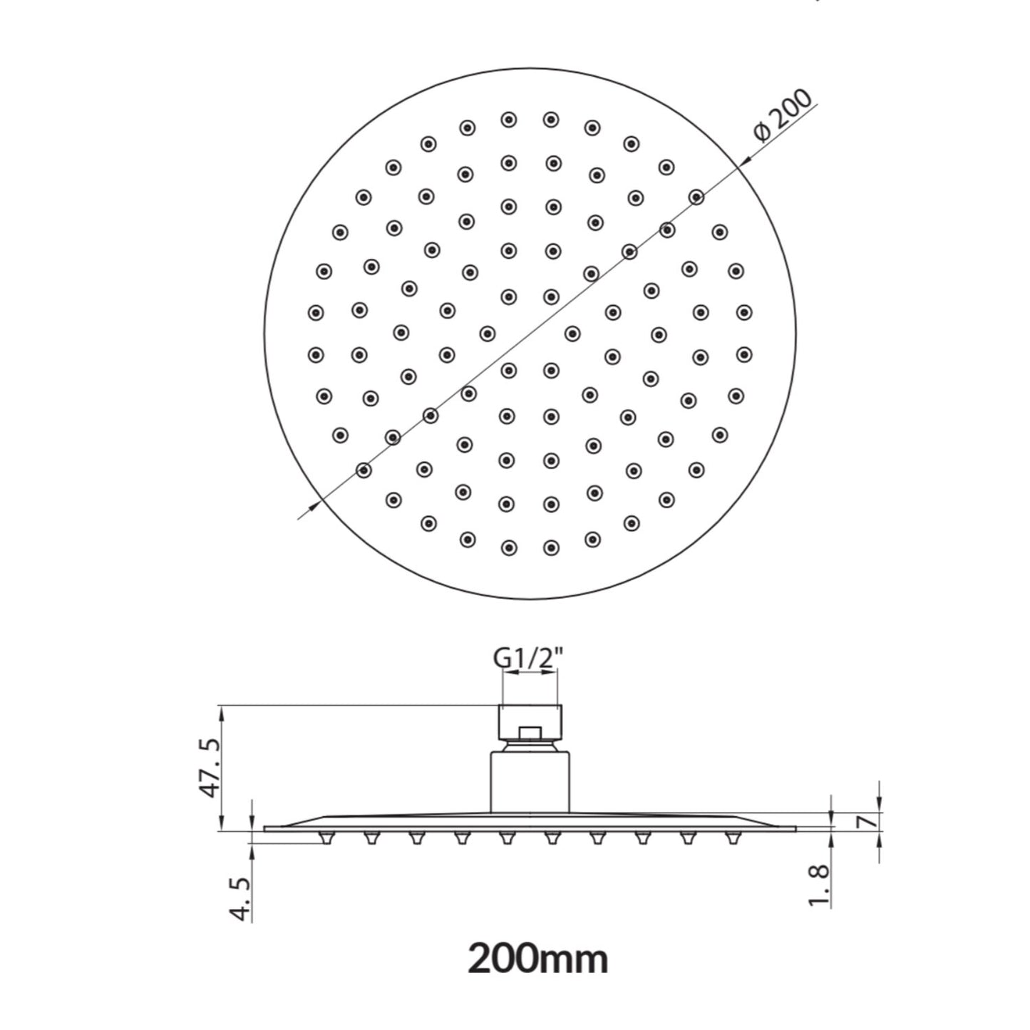 Black Round Shower Head 200mm