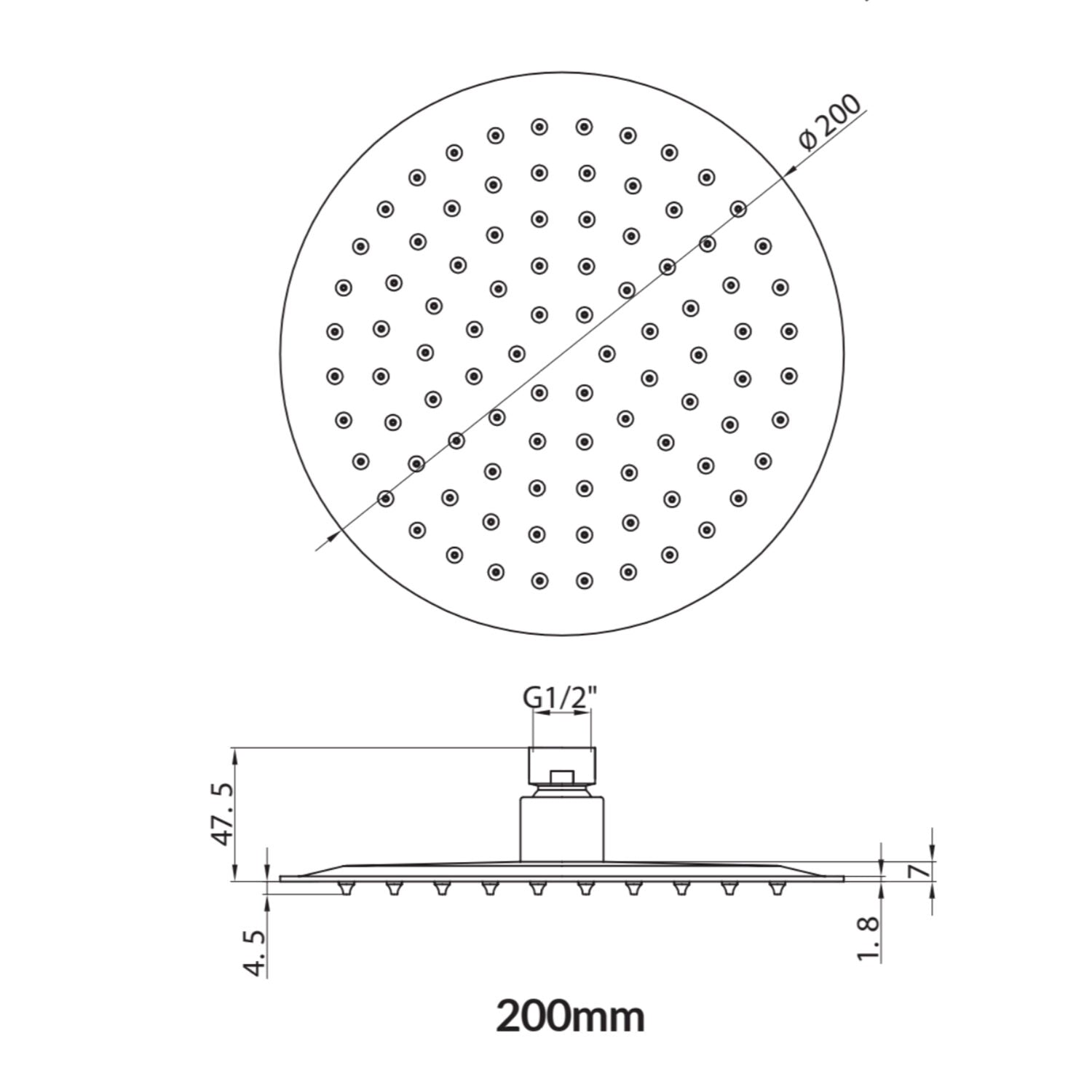 Black Round Shower Head 200mm