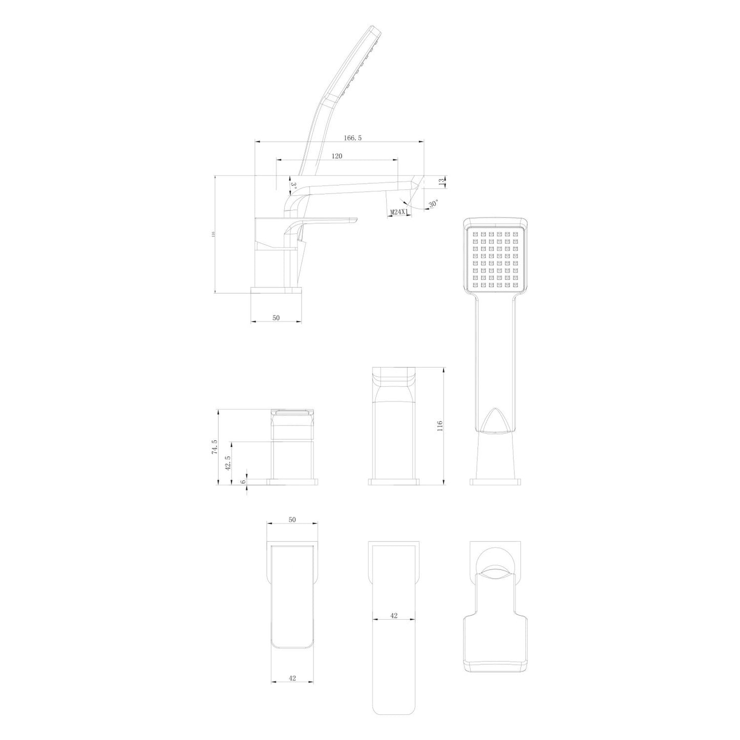 Muro Black 3 Hole Bath Mixer