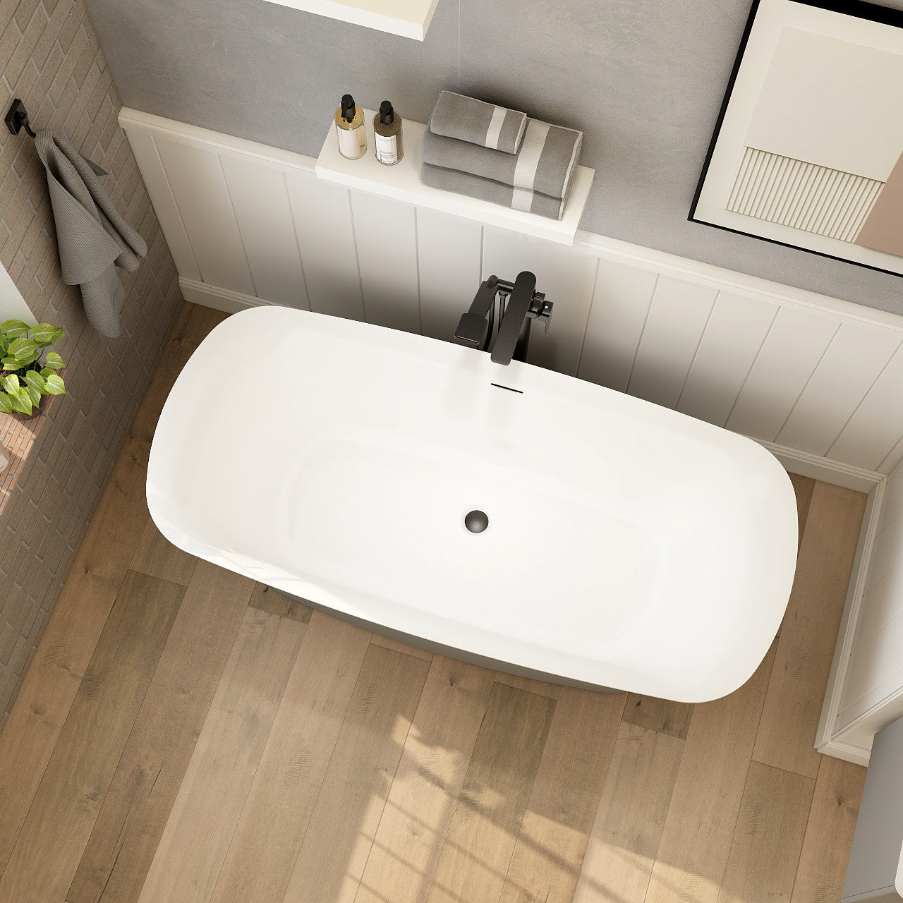 1700mm Blade freestanding bath with matt grey exterior, including white dome clicker bath waste