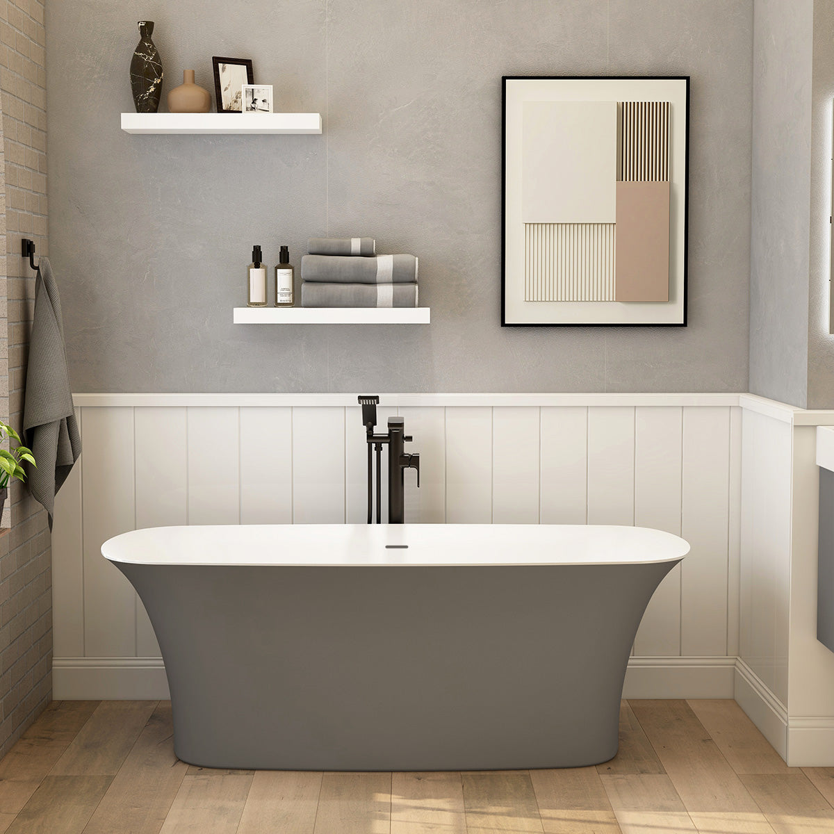 1700mm Blade freestanding bath with matt grey exterior, including white dome clicker bath waste