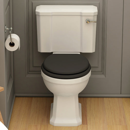 Wyndham Soft close wooden seat in black, with chrome fittings