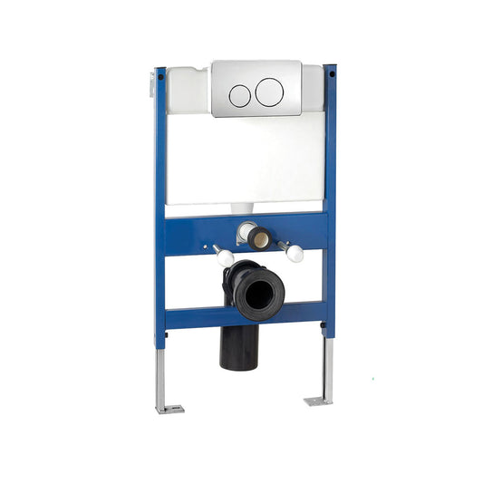 Reduced height wall hung WC bowl frame system with front mounted chrome dual flush plate