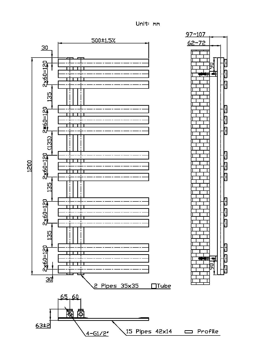 Elizabeth Towel Radiator – 500 X 1200
