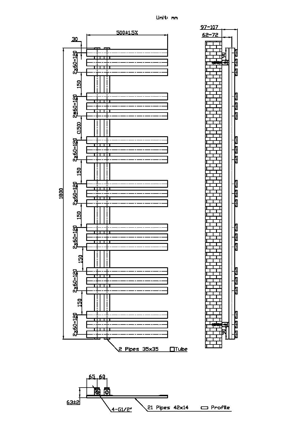 Elizabeth Towel Radiator – 500 X 1800