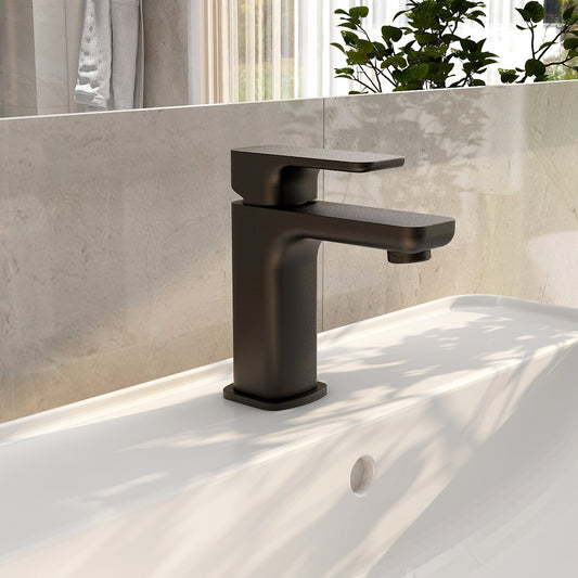 Flite small basin mixer in Matt Black with universal clicker waste