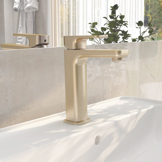 Flite tall basin mixer in Brushed Brass with universal clicker waste